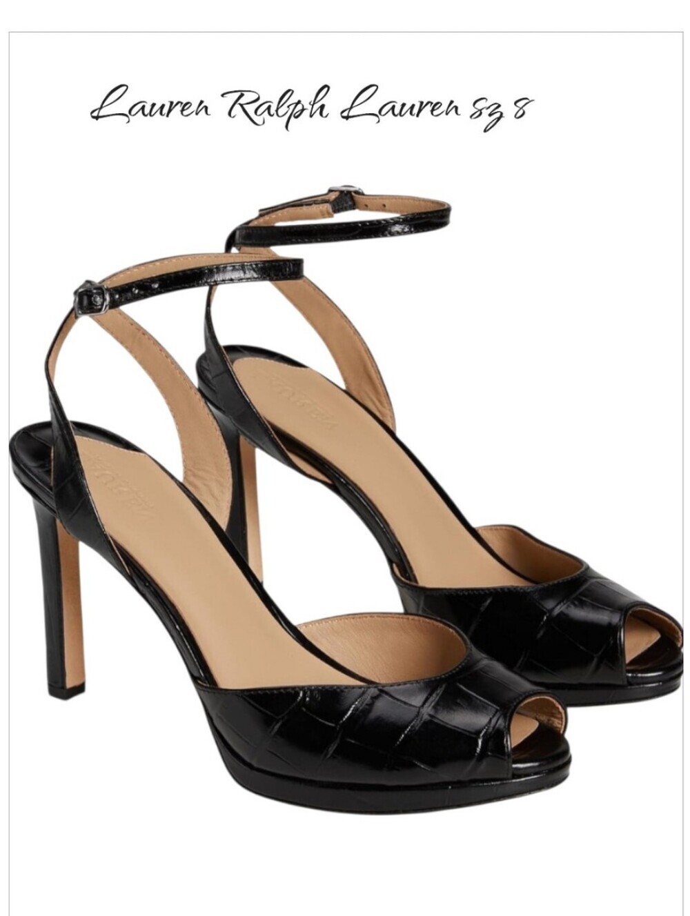 Lauren Ralph Lauren Kyla Croc Embossed Leather Peep Toe Sandal Heels 8